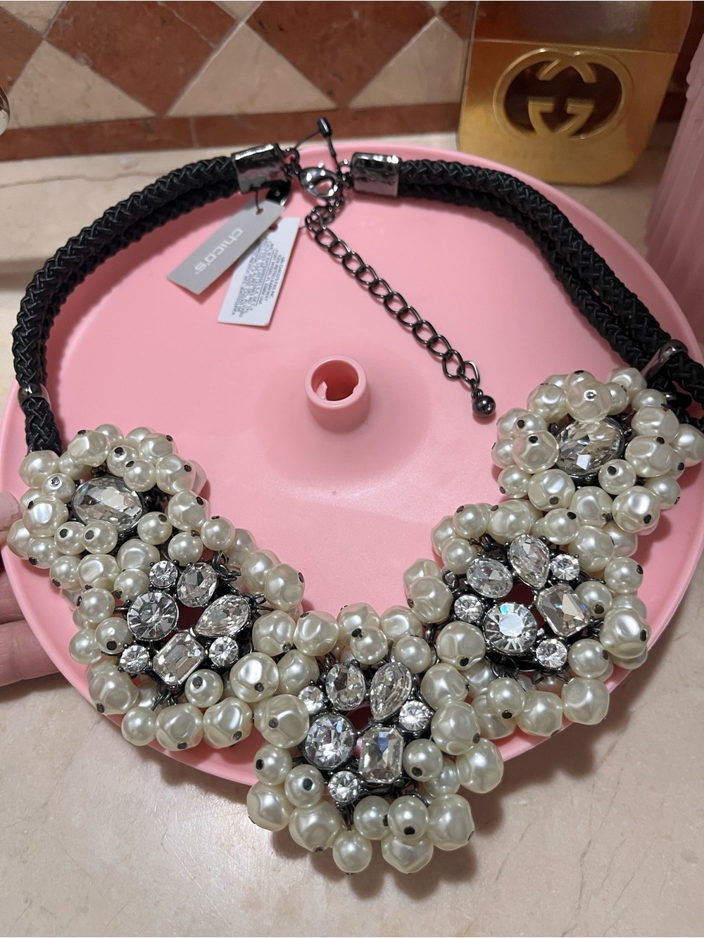 Chico's Pearled & Crystal Cluster Necklace - White, Black